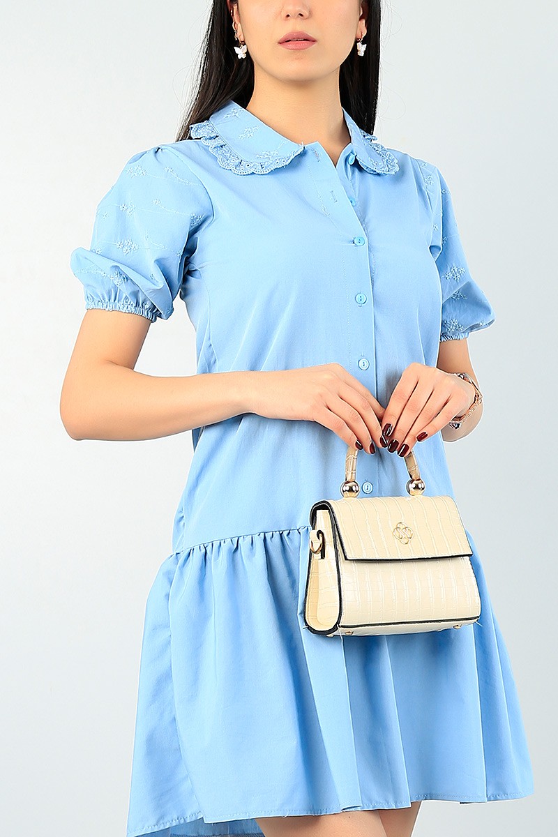 Mavi Kol ve Yaka Dantelli Poplin Elbise 63409