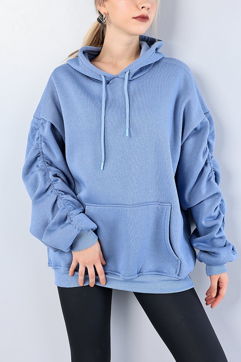 Mavi Kolları Büzgülü Şardonlu Bayan Sweat 76159