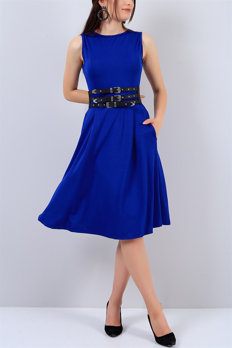 Mavi Kolsuz Bayan Cepli Elbise 14867B