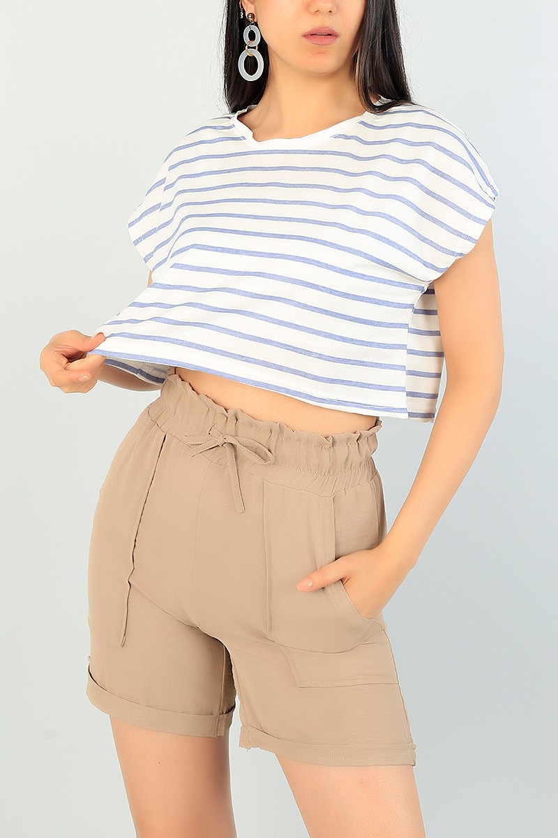 Mavi Krem Çizgili Bayan Crop Tşört 71622