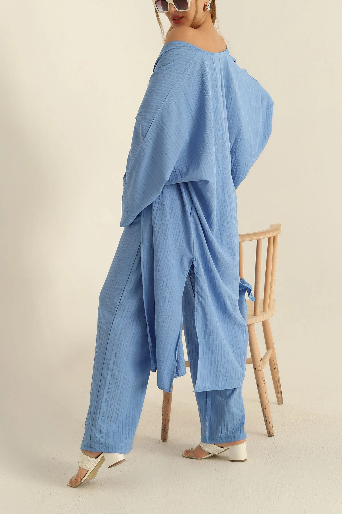 Mavi Krinkıl Kimono Pantolon İkili Takım 278672
