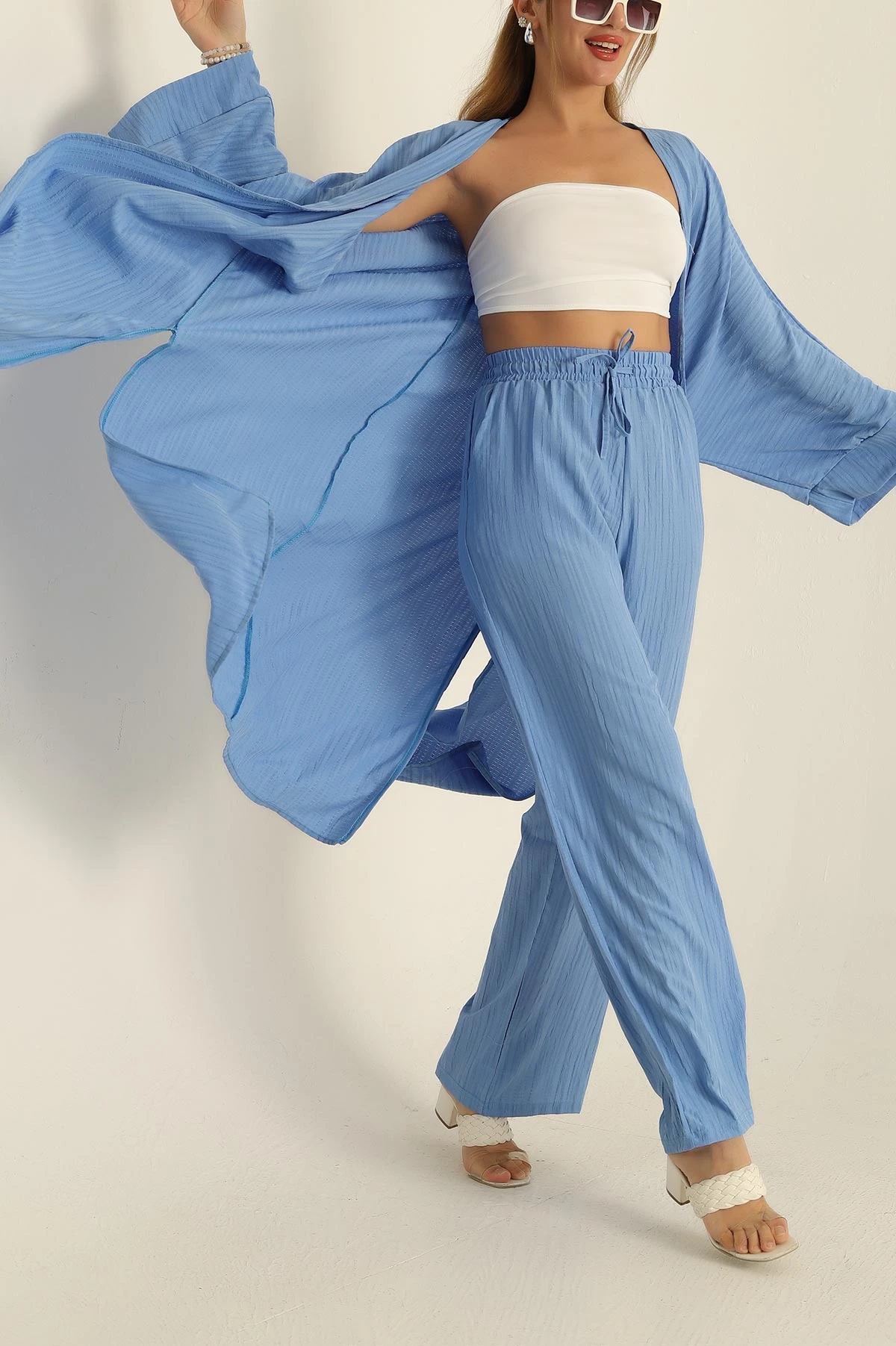 Mavi Krinkıl Kimono Pantolon İkili Takım 278672