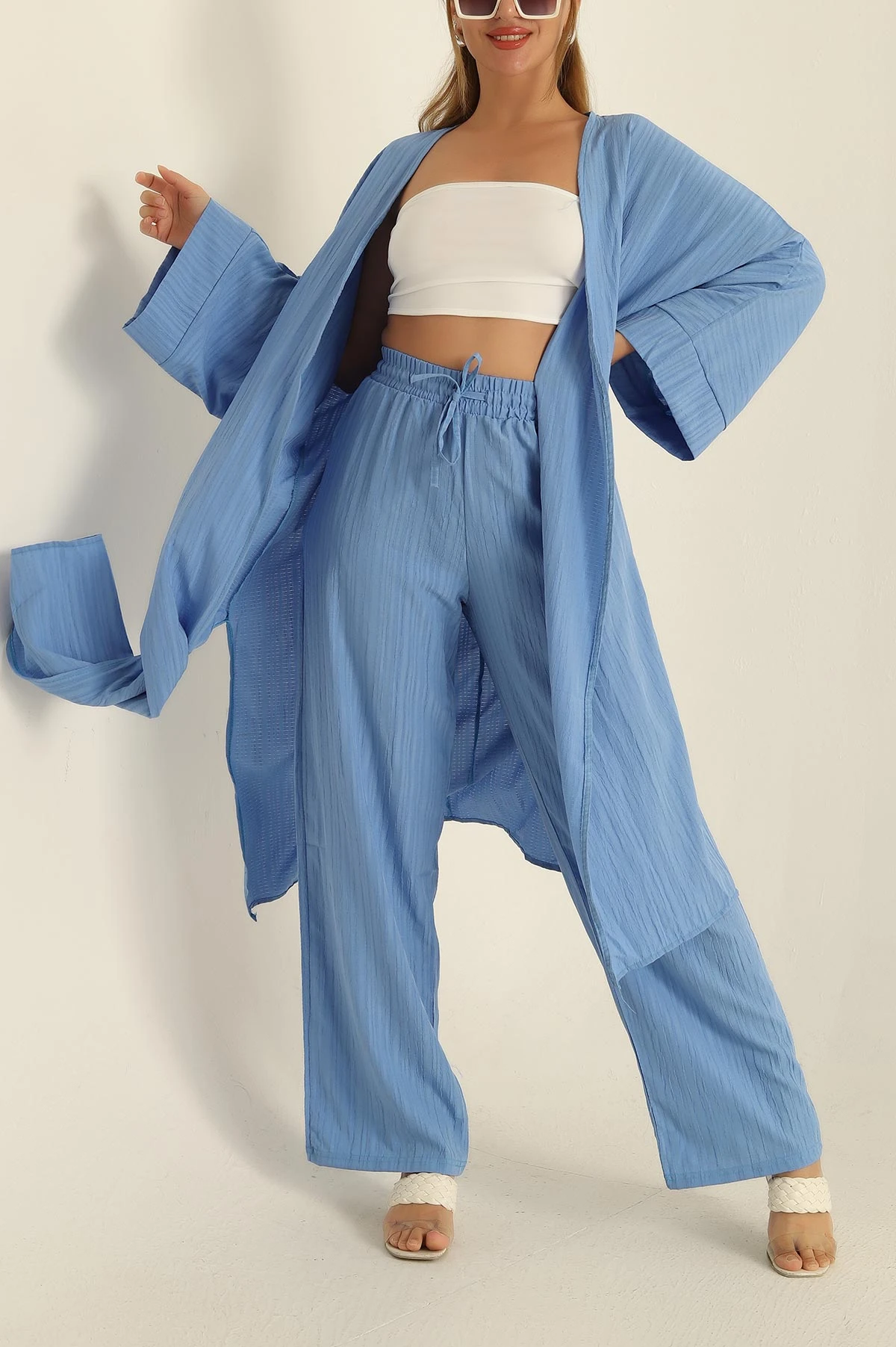 Mavi Krinkıl Kimono Pantolon İkili Takım 278672