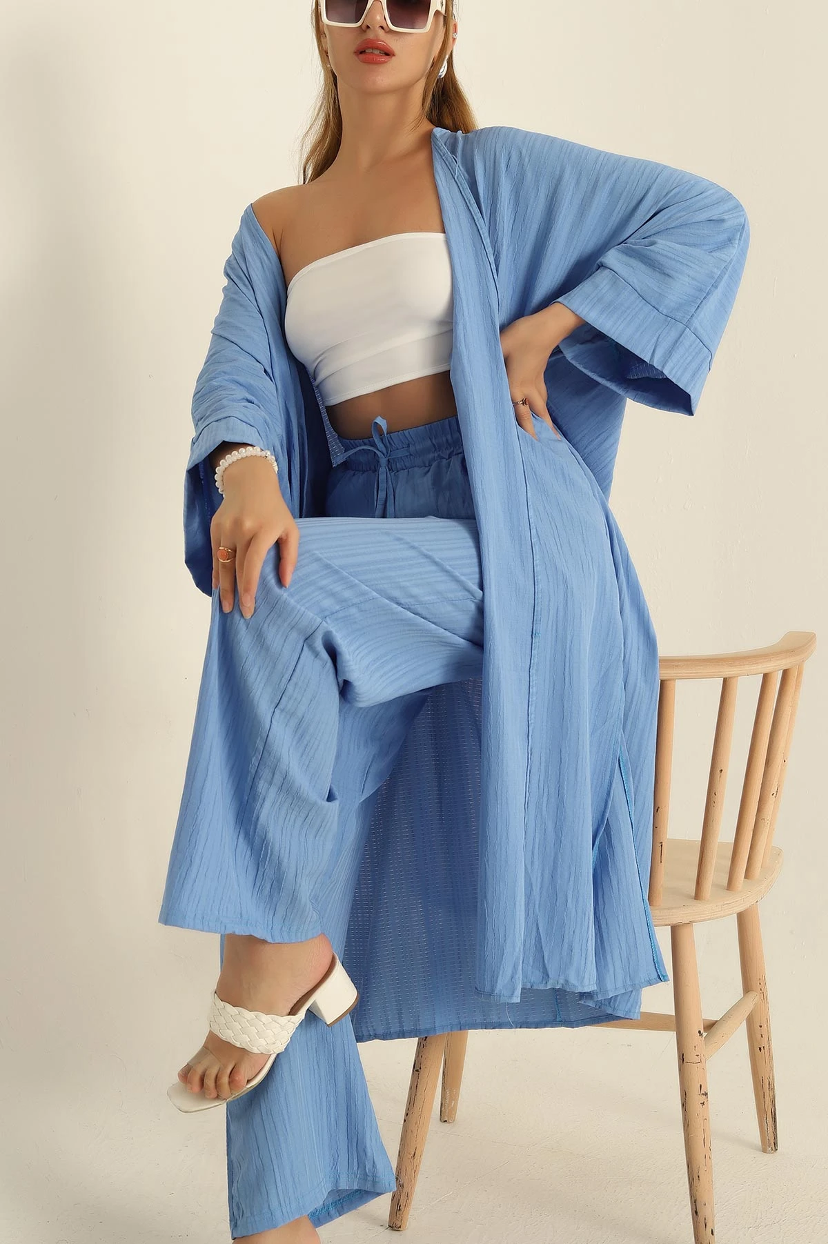 Mavi Krinkıl Kimono Pantolon İkili Takım 278672