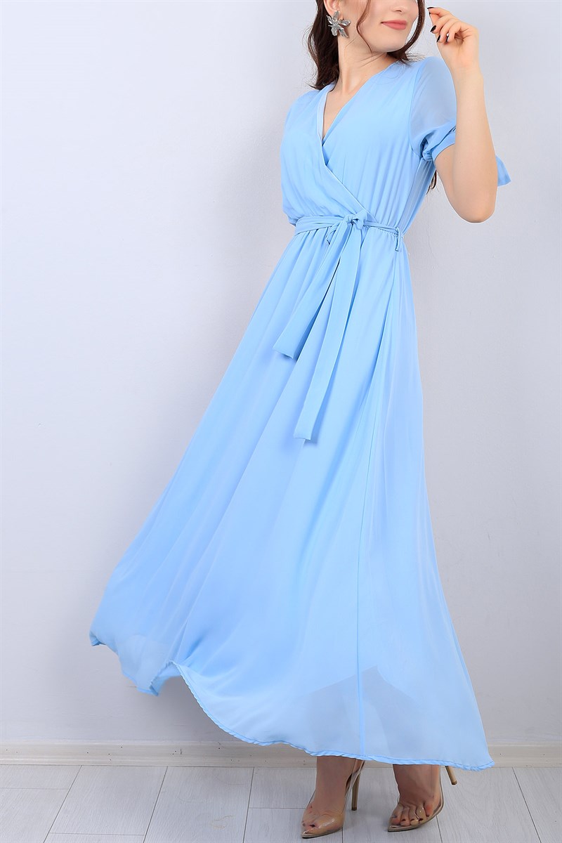 Mavi Kruvaze Yaka Kemerli Şifon Elbise 14666B