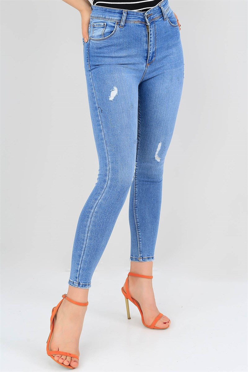 Mavi Lazer Kesim Bayan Likralı Kot Pantolon 37889