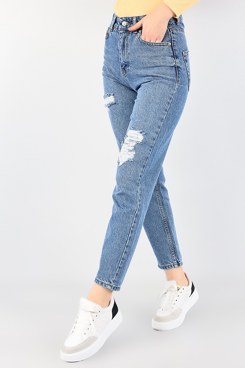 Mavi Lazer Kesim Bayan Mom Kot Pantolon 86959