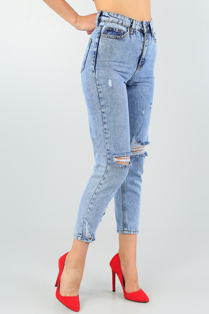 Mavi Lazer Kesim Bayan Yırtık Kot Mom Pantolon 58737