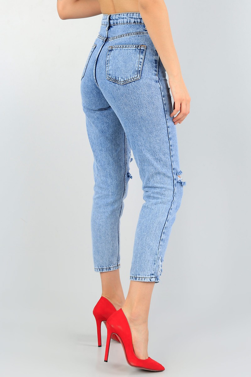 Mavi Lazer Kesim Bayan Yırtık Kot Mom Pantolon 58737