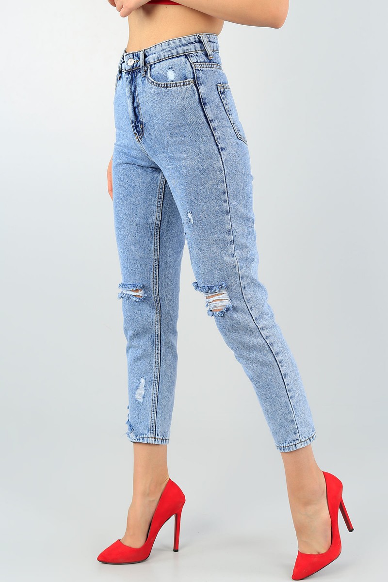 Mavi Lazer Kesim Bayan Yırtık Kot Mom Pantolon 58737