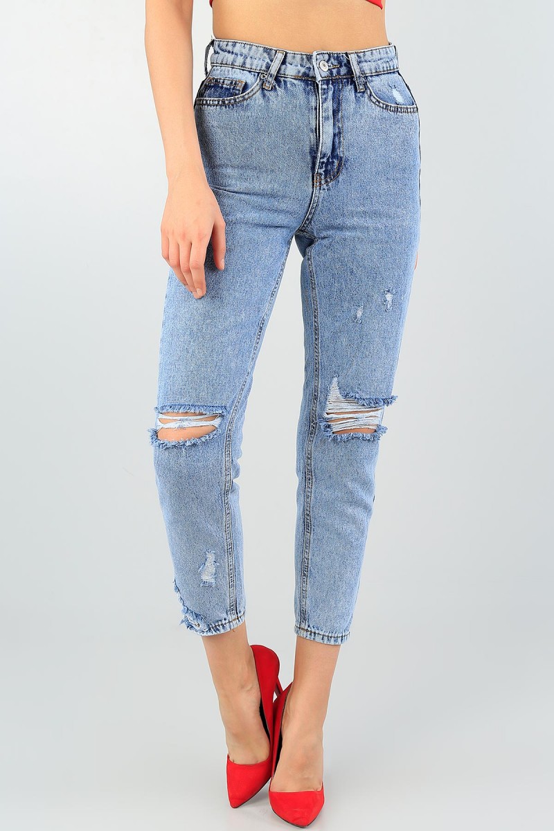 Mavi Lazer Kesim Bayan Yırtık Kot Mom Pantolon 58737
