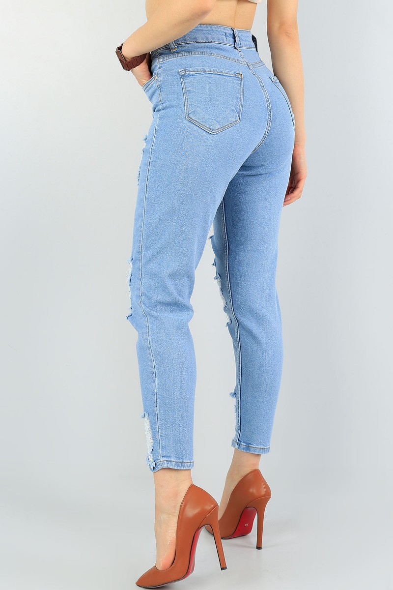 Mavi Lazer Kesim Bayan Yırtık Kot Pantolon 59512