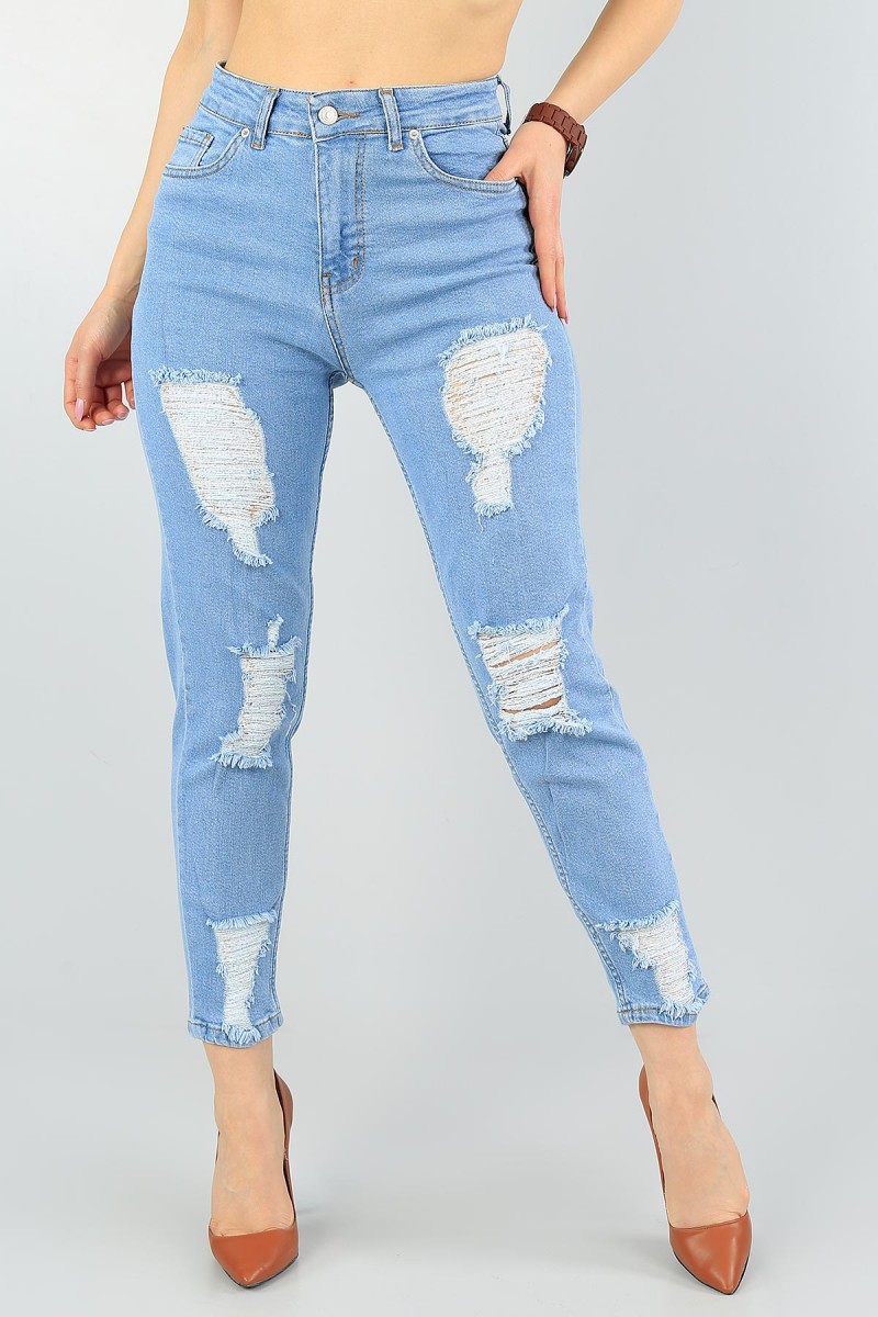 Mavi Lazer Kesim Bayan Yırtık Kot Pantolon 59512