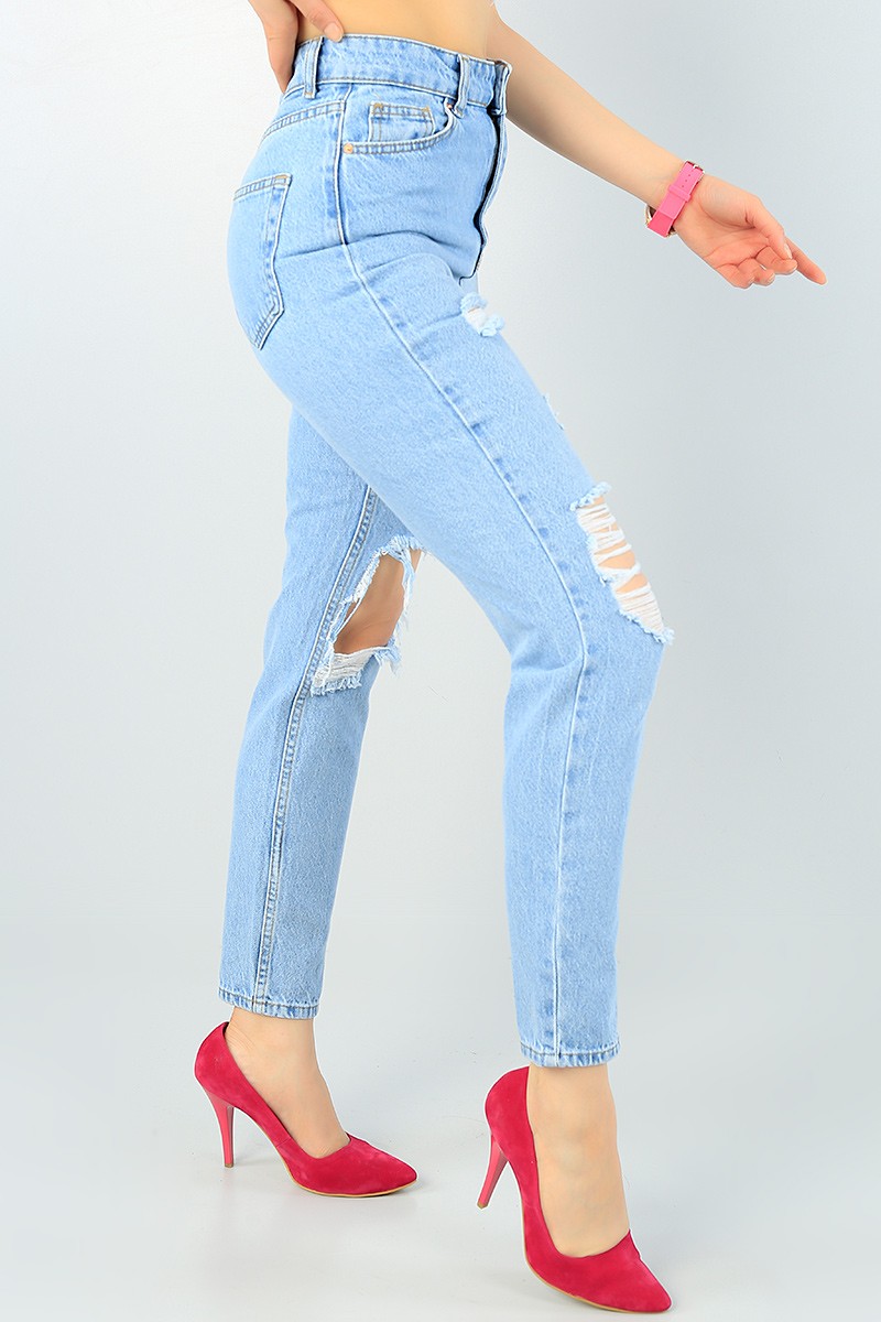 Mavi Lazer Kesim Bayan Yırtık Kot Pantolon 64419