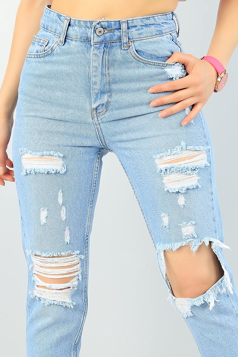 Mavi Lazer Kesim Bayan Yırtık Kot Pantolon 64419