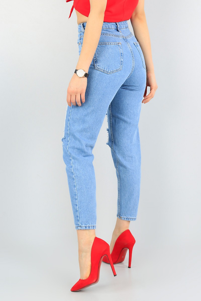 Mavi Lazer Kesim Bayan Yırtık Mom Kot Pantolon 60358