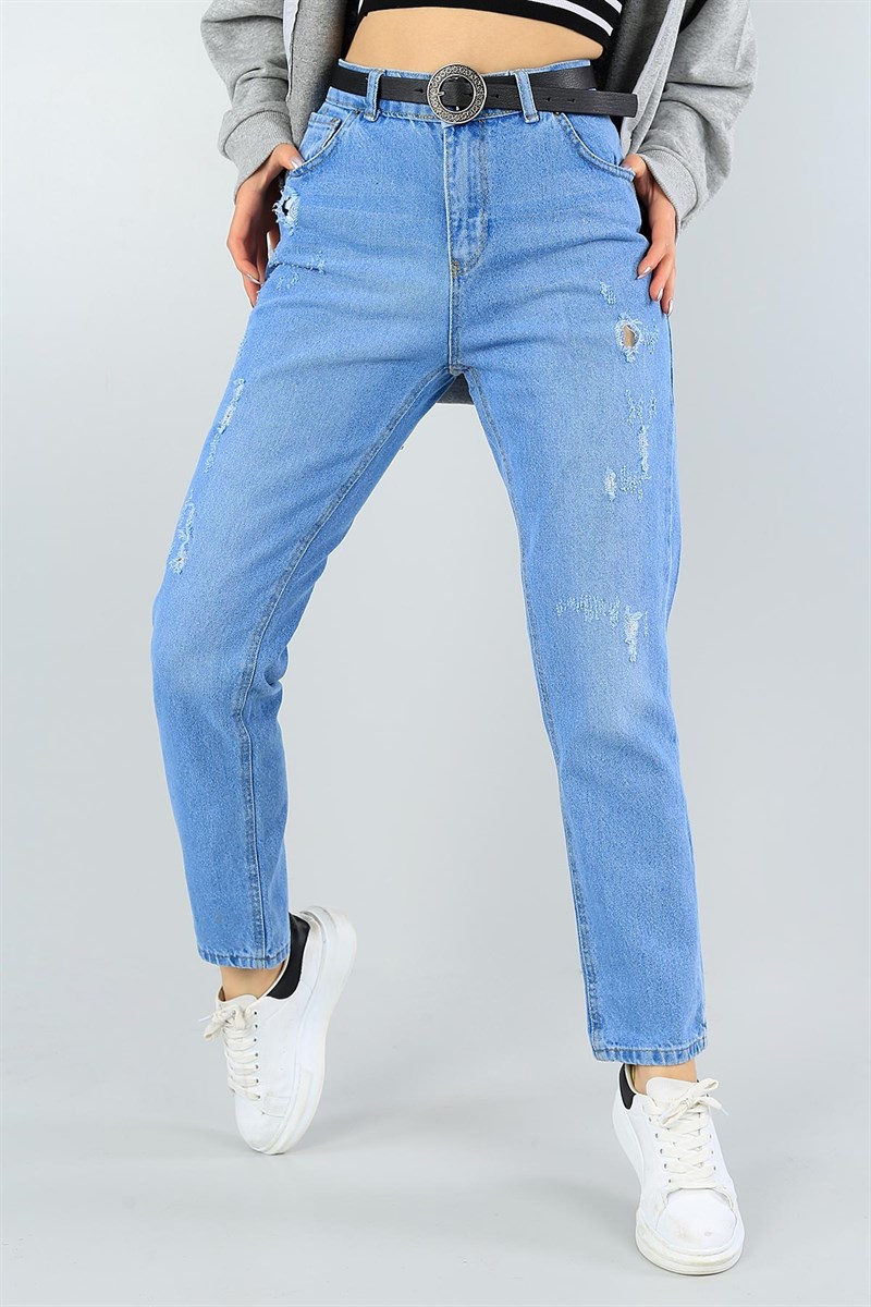 Mavi Lazer Kesim Yırtık Bayan Kot Pantolon 46108