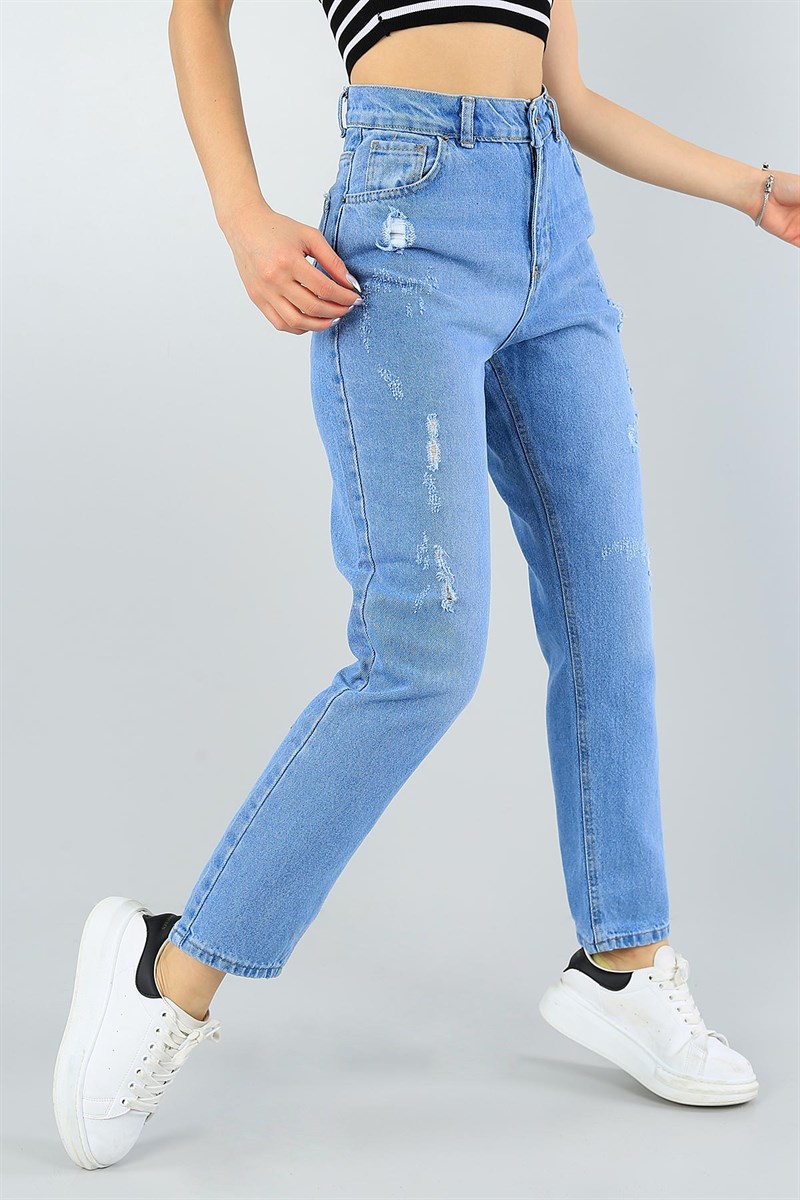 Mavi Lazer Kesim Yırtık Bayan Kot Pantolon 46108