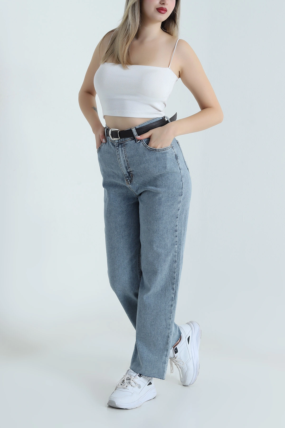 Mavi Lİkralı Kemerli Boyfit Kadın Kot Pantolon 489578