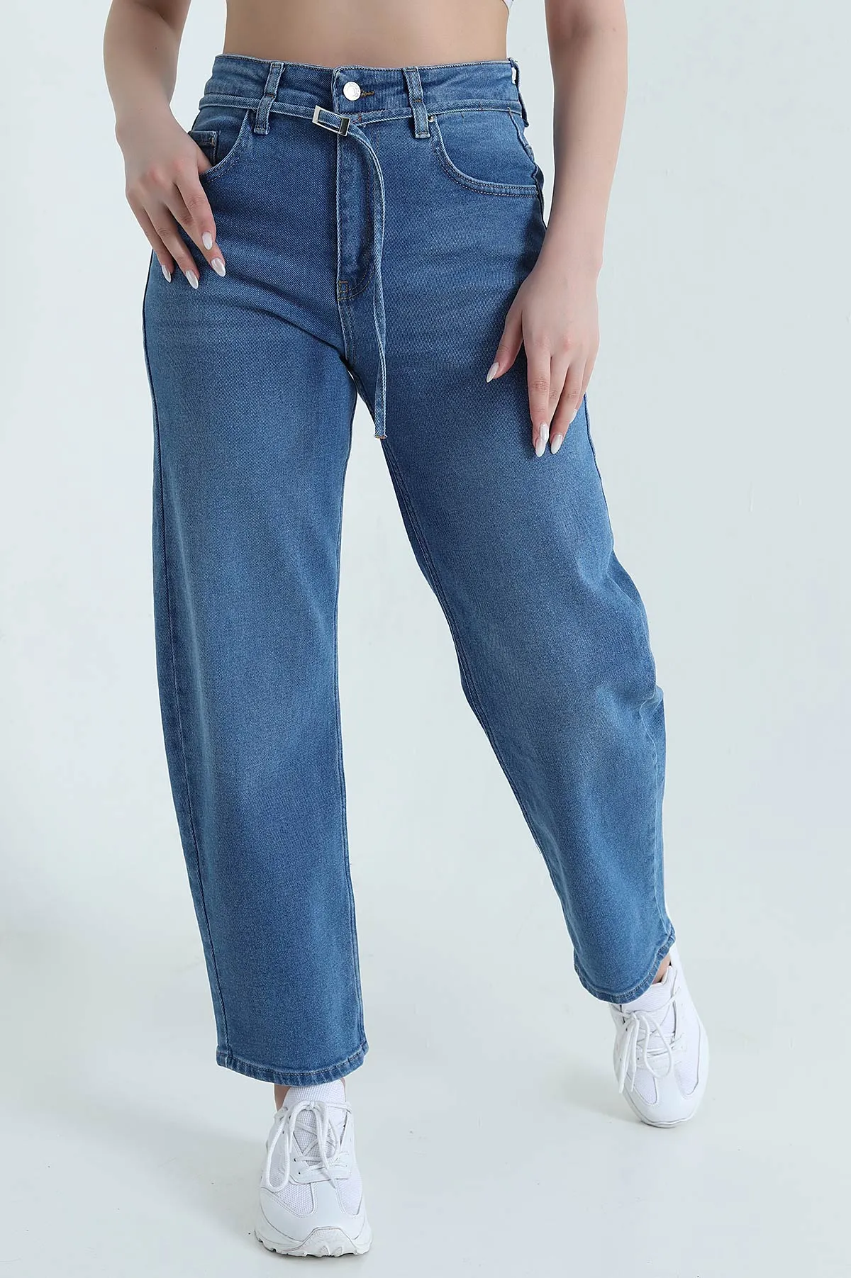 Mavi Likralı Kuşaklı Baggy Kadın Kot Pantolon 445291