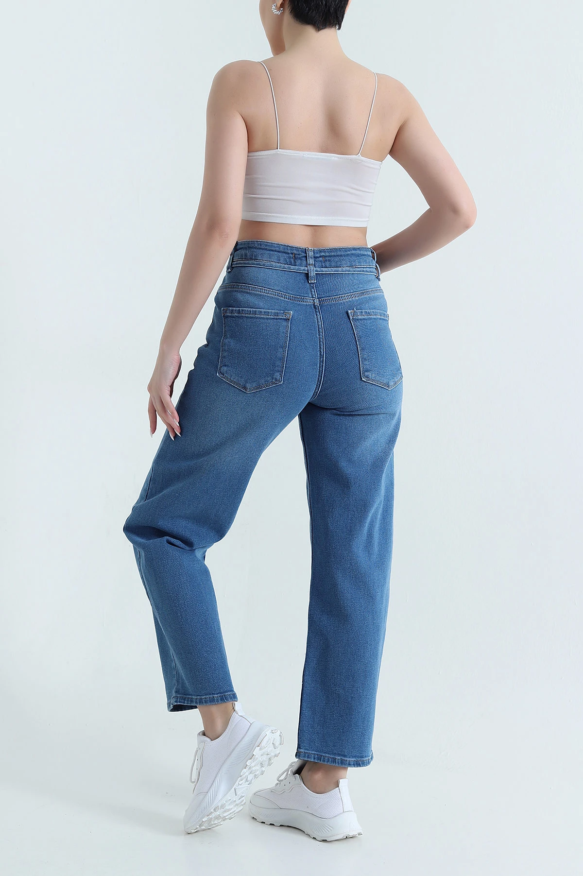 Mavi Likralı Kuşaklı Baggy Kadın Kot Pantolon 445291