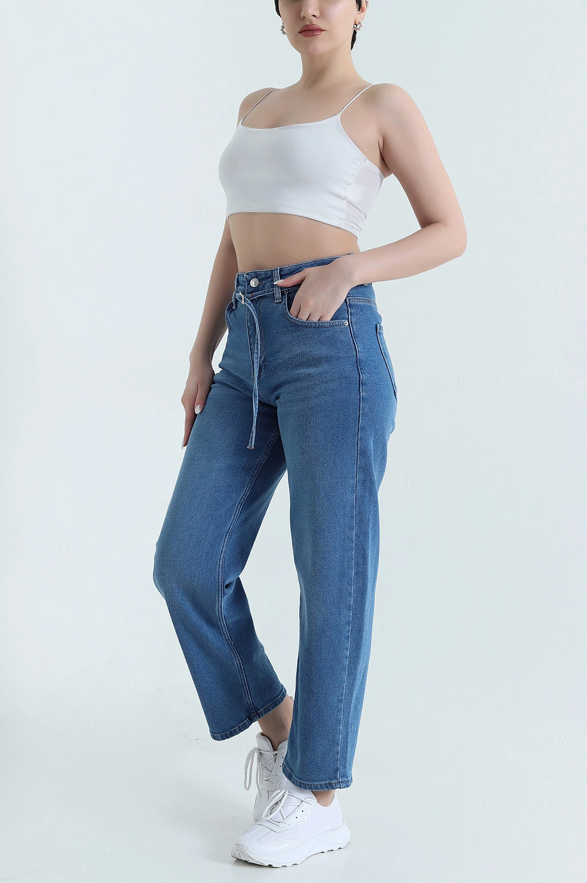 Mavi Likralı Kuşaklı Baggy Kadın Kot Pantolon 445291