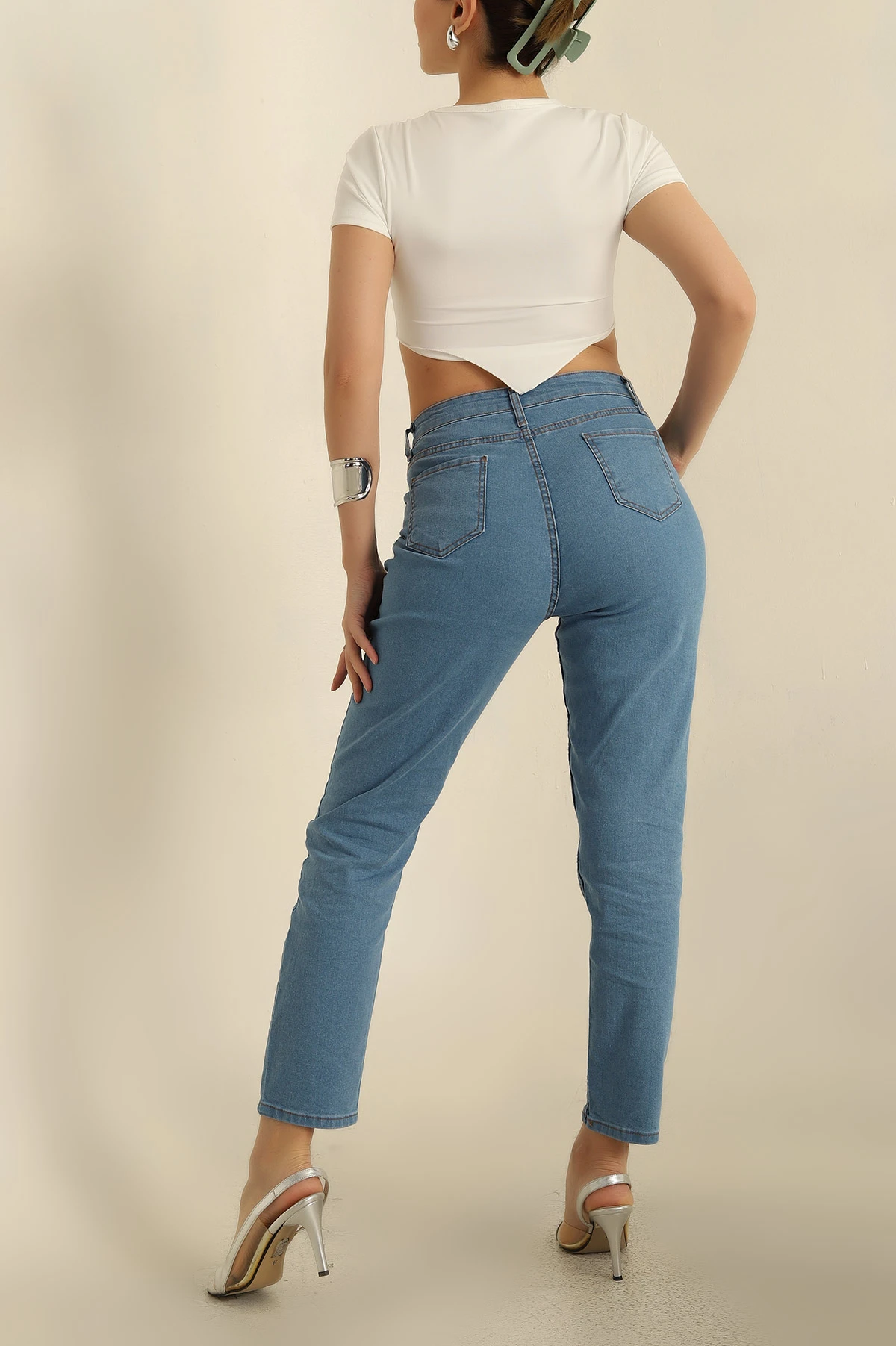 Mavi Likralı Mom Bayan Kot Pantolon 273712