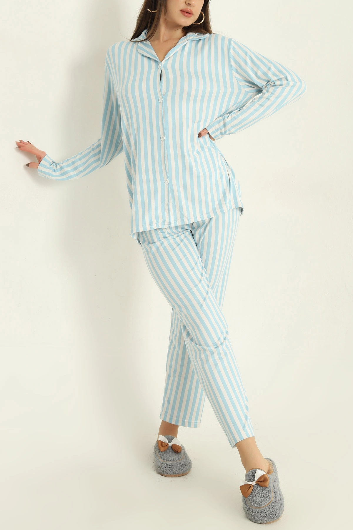 Mavi Milan Düğmeli Bayan Pijama Takımı 329613