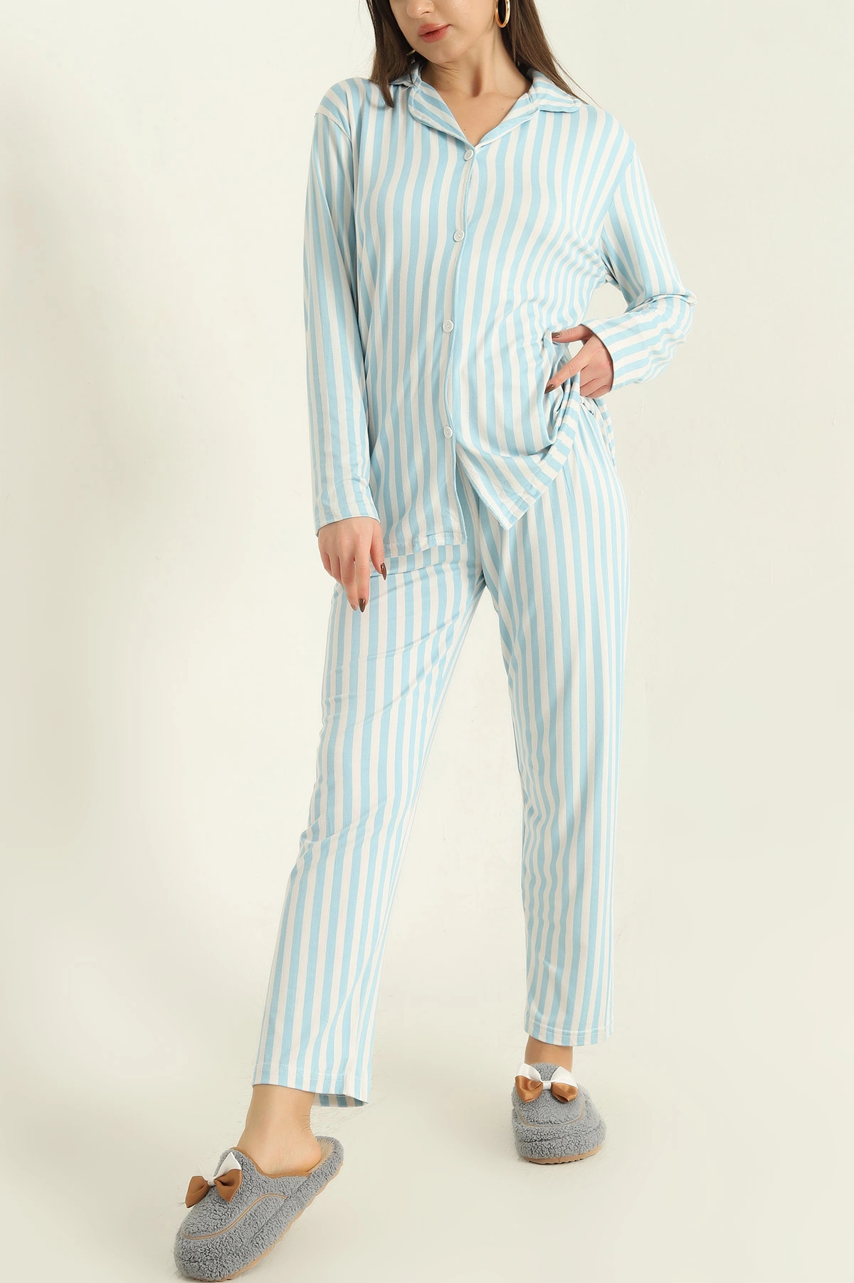 Mavi Milan Düğmeli Bayan Pijama Takımı 329613