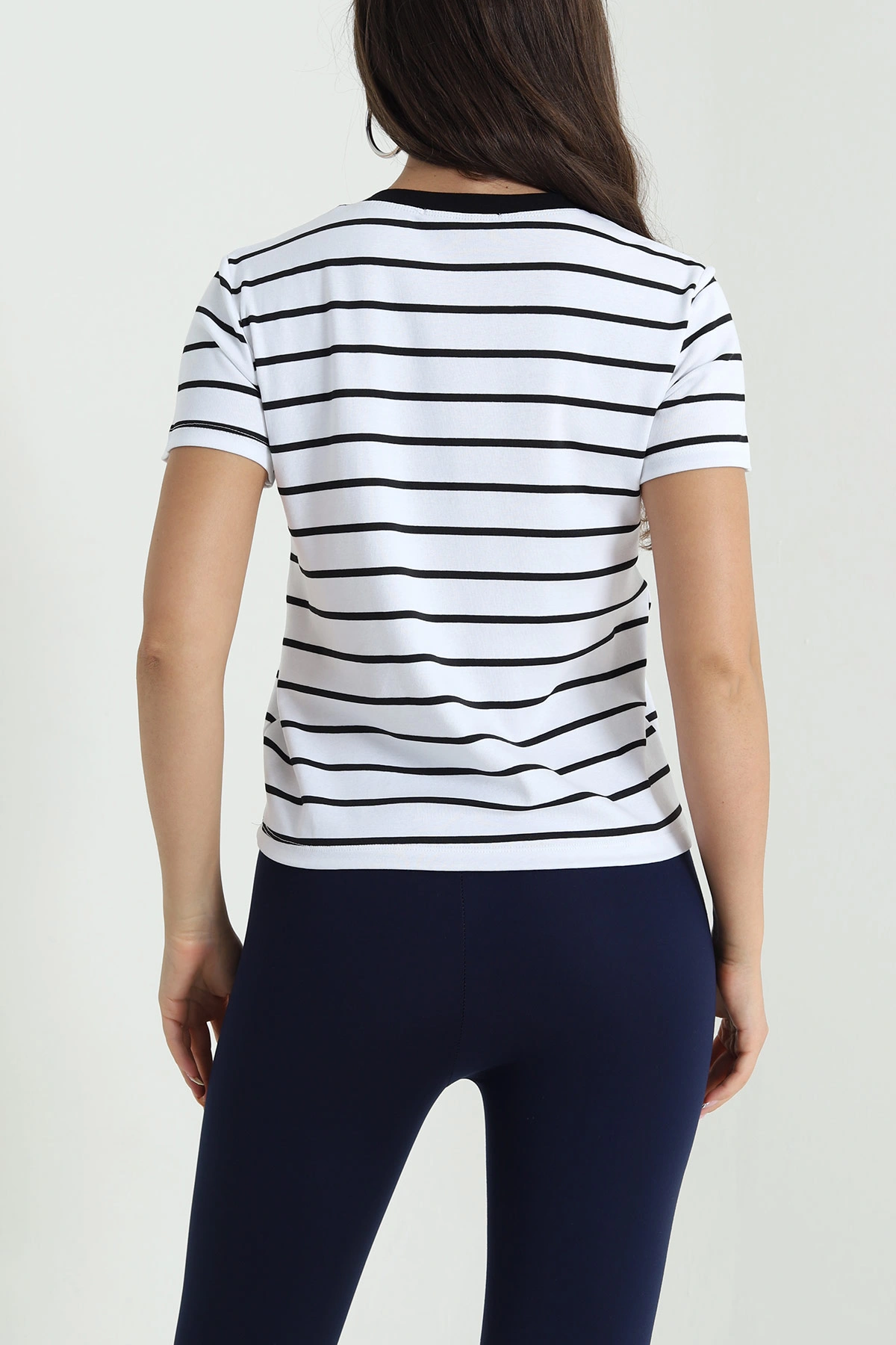 Mavi Nakış İşlemeli Çizgili Kadın Tişört 467047