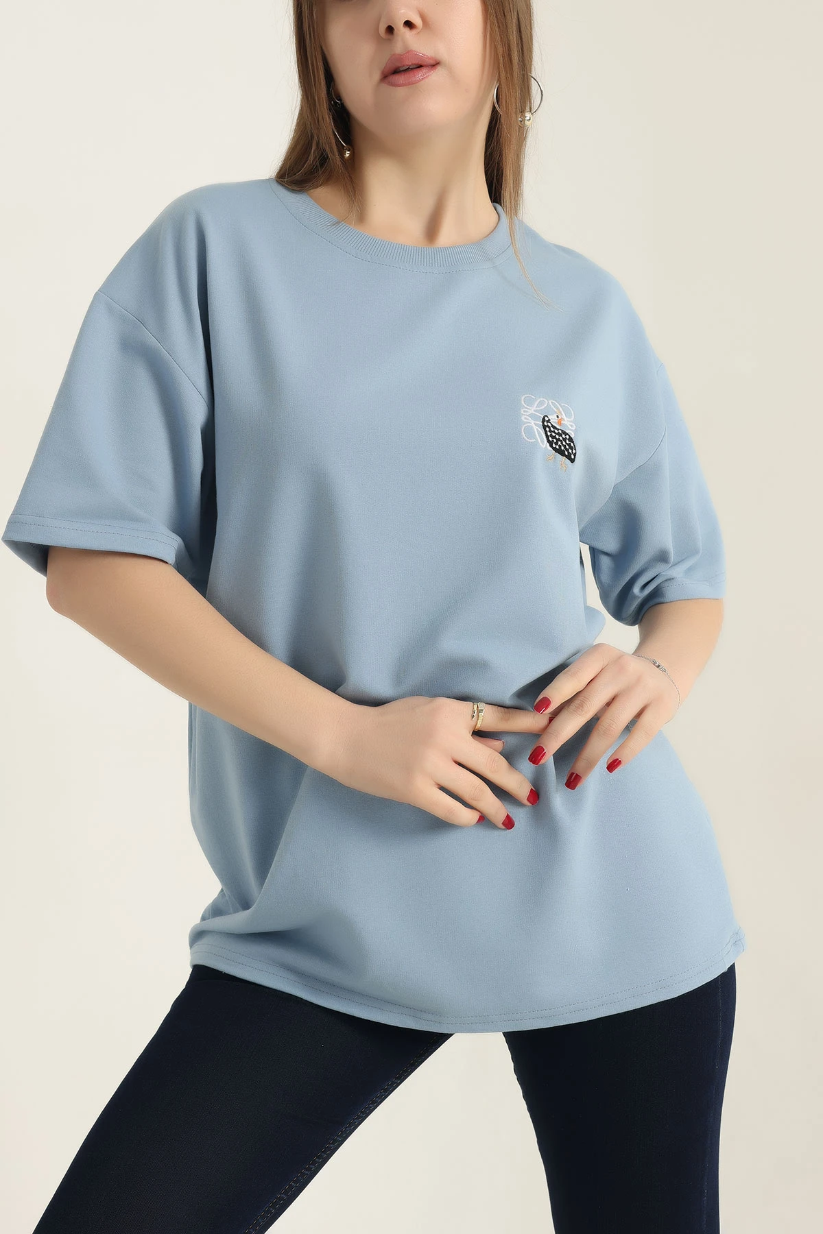 Mavi Nakışlı Bisiklet Yaka Oversize İki Bayan Tişört 337632