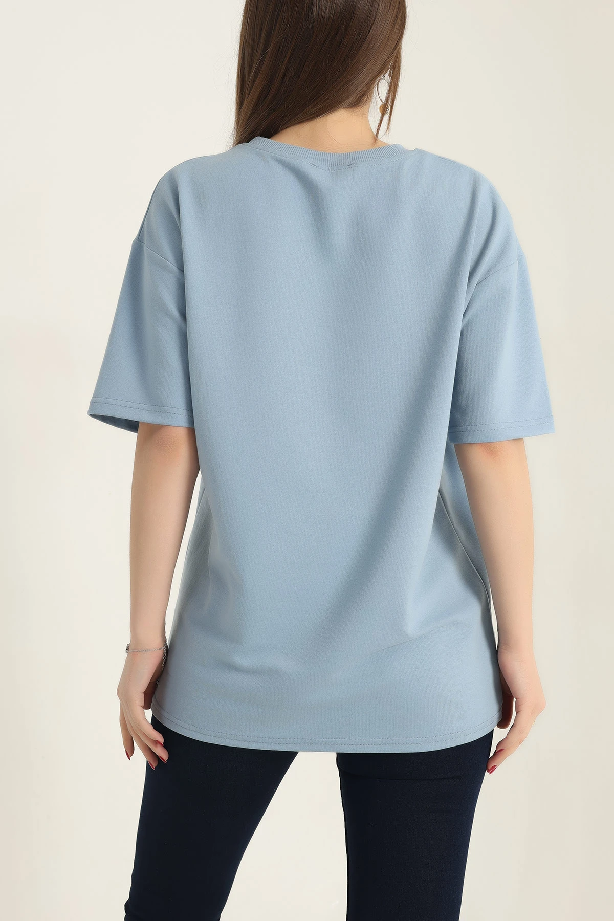 Mavi Nakışlı Bisiklet Yaka Oversize İki Bayan Tişört 337632