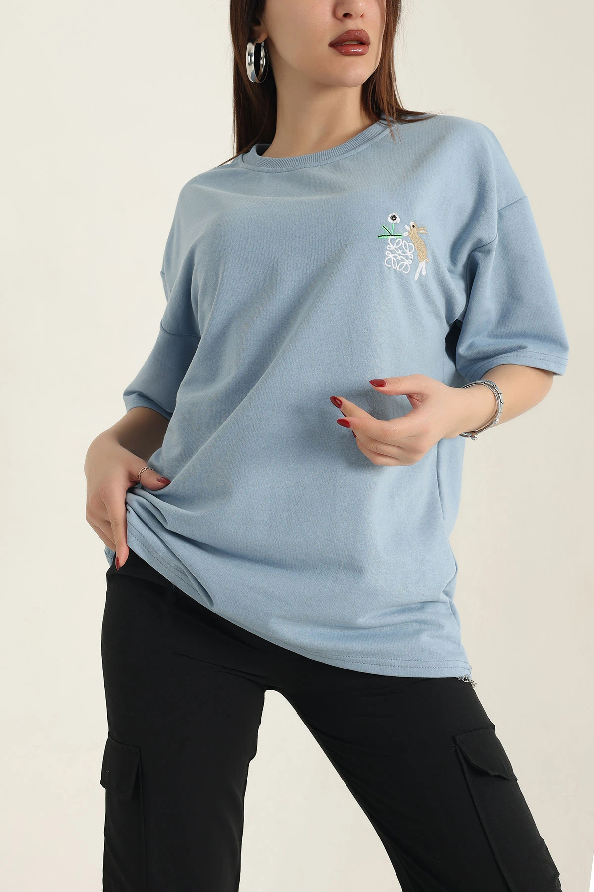 Mavi Nakışlı Bisiklet Yaka Oversize İki Bayan Tişört 337658