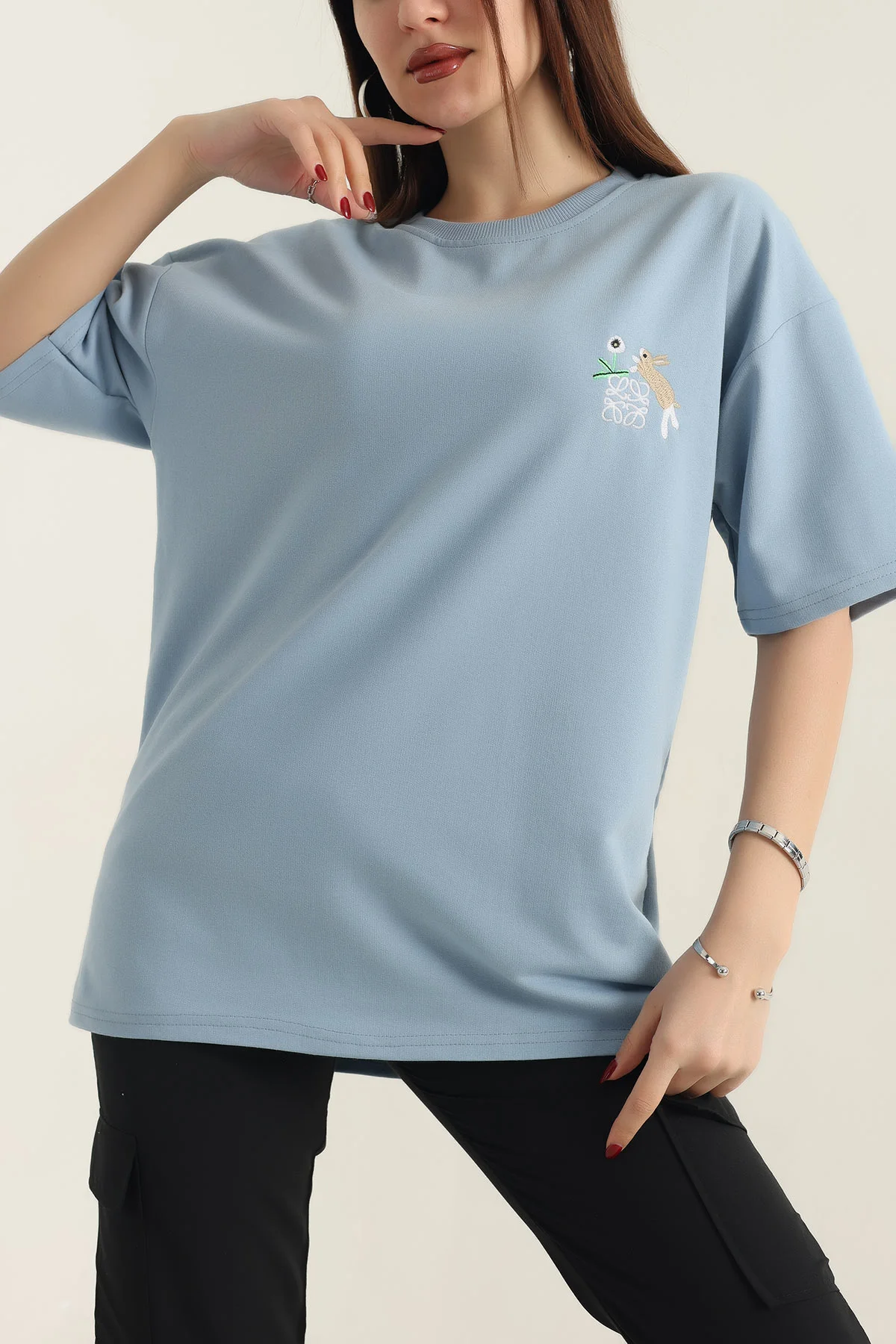 Mavi Nakışlı Bisiklet Yaka Oversize İki Bayan Tişört 337658