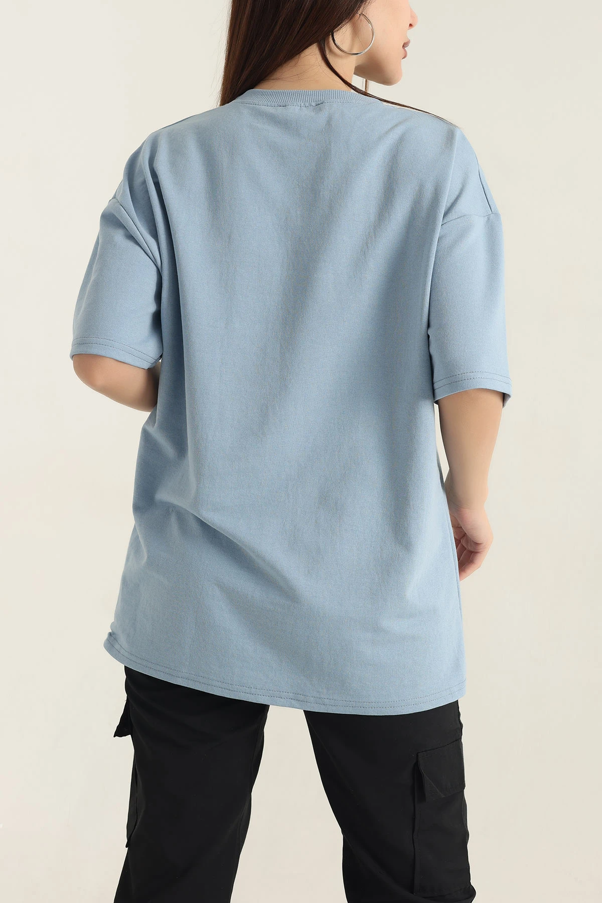 Mavi Nakışlı Bisiklet Yaka Oversize İki Bayan Tişört 337658