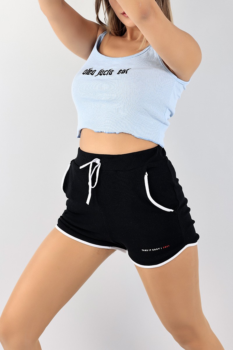 Mavi Nakışlı Fitilli Bayan Crop 97417