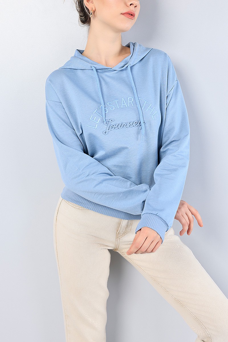 Mavi Nakışlı Gofre Baskılı Bayan Sweat 76141