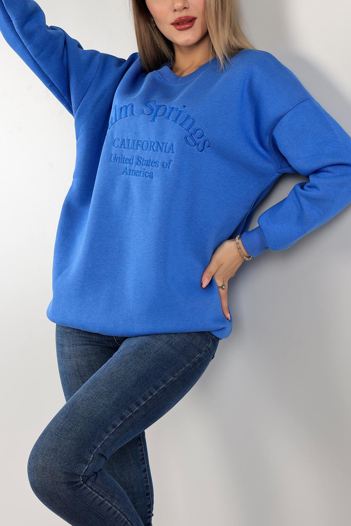 Mavi Nakışlı İçi Şardonlu Bayan Sweat 142968