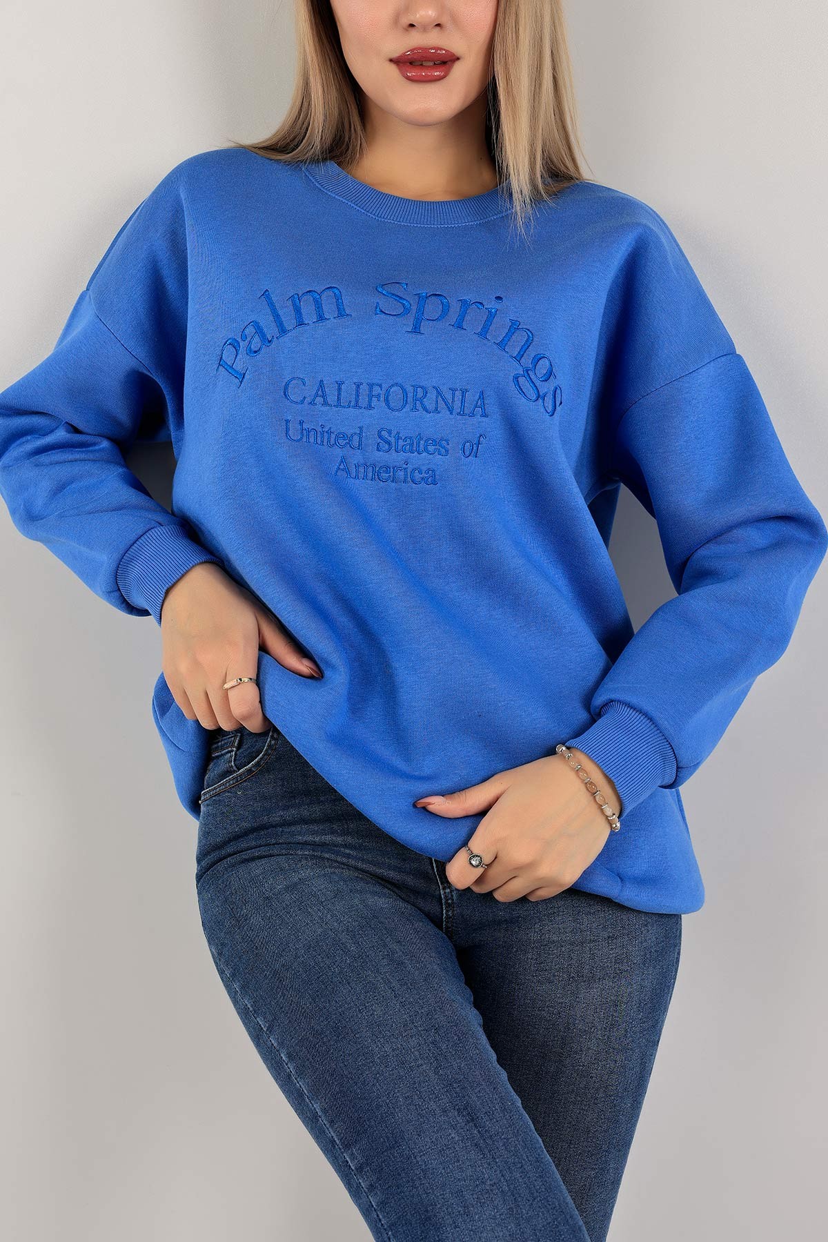 Mavi Nakışlı İçi Şardonlu Bayan Sweat 142968