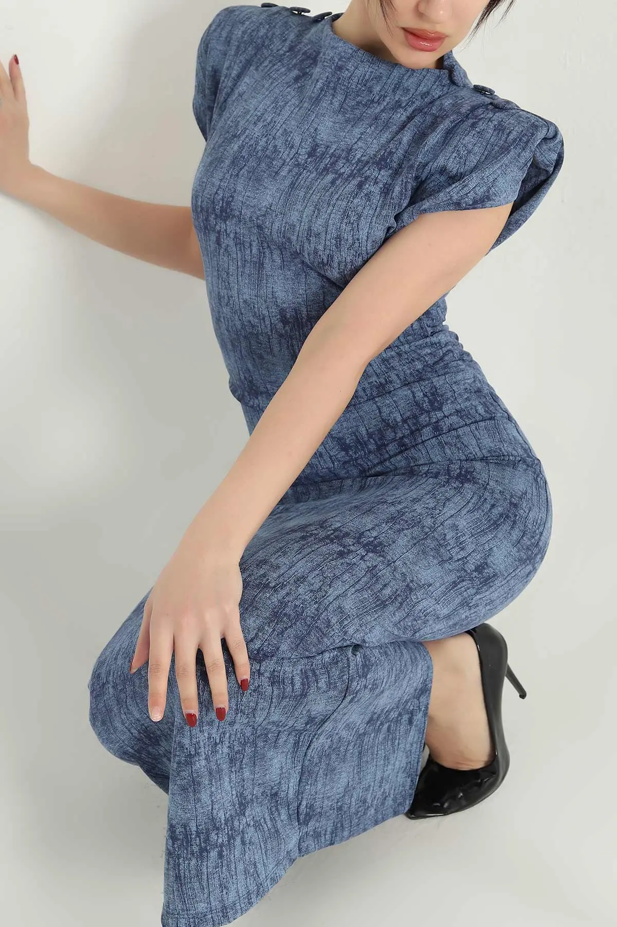 Mavi Omuzları Vatkalı Modal Elbise 341498