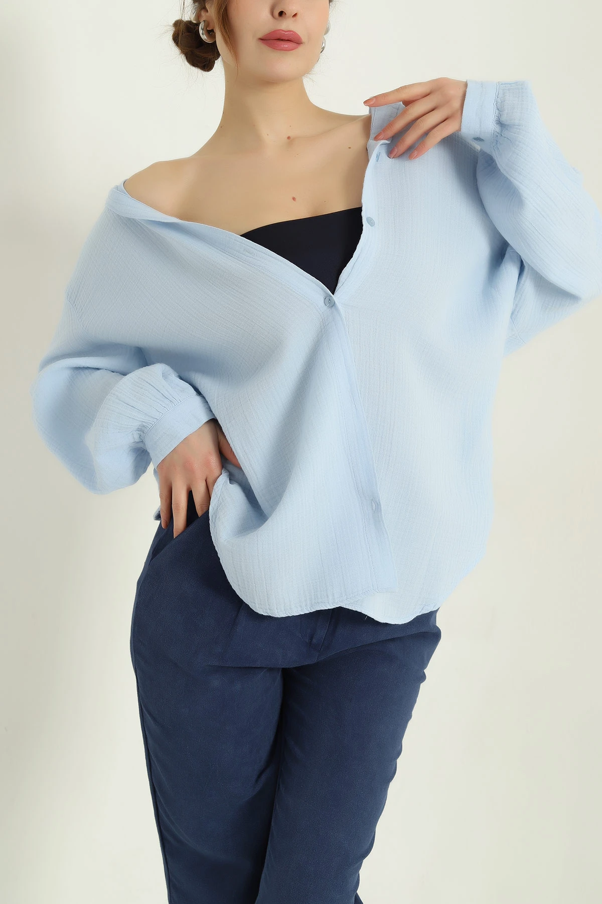Mavi Oversize Müslin Kadın Gömlek 336852