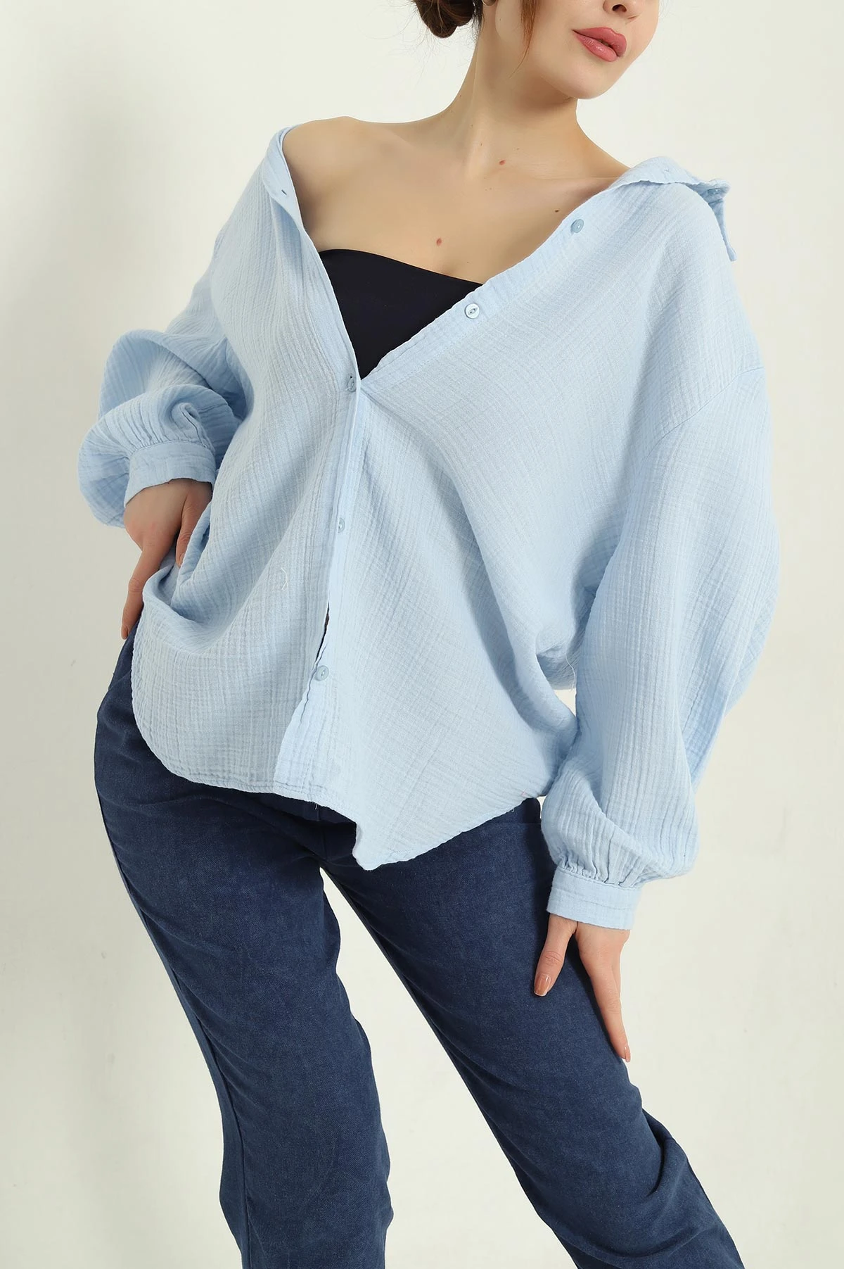 Mavi Oversize Müslin Kadın Gömlek 336852