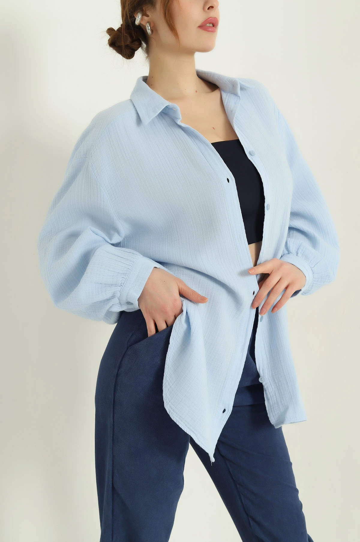 Mavi Oversize Müslin Kadın Gömlek 336852