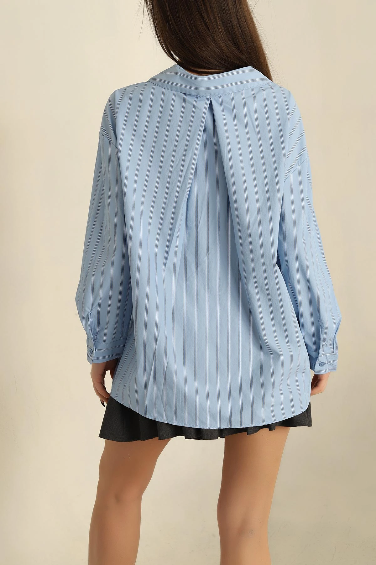 Mavi Oversize Çizgili Cepli Bayan Gömlek 257883