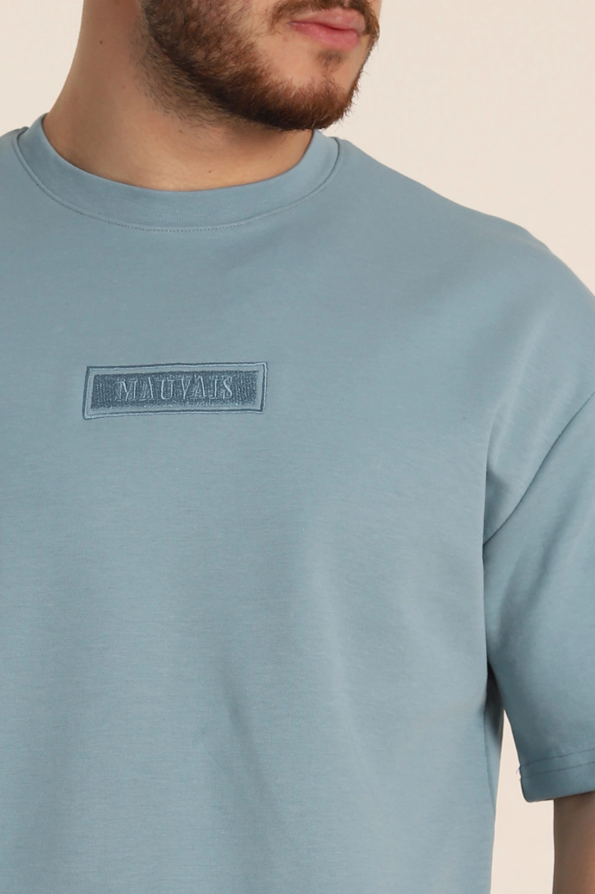 Mavi Oversize Duble Kumaş Nakış Detaylı Erkek Tişört 345723
