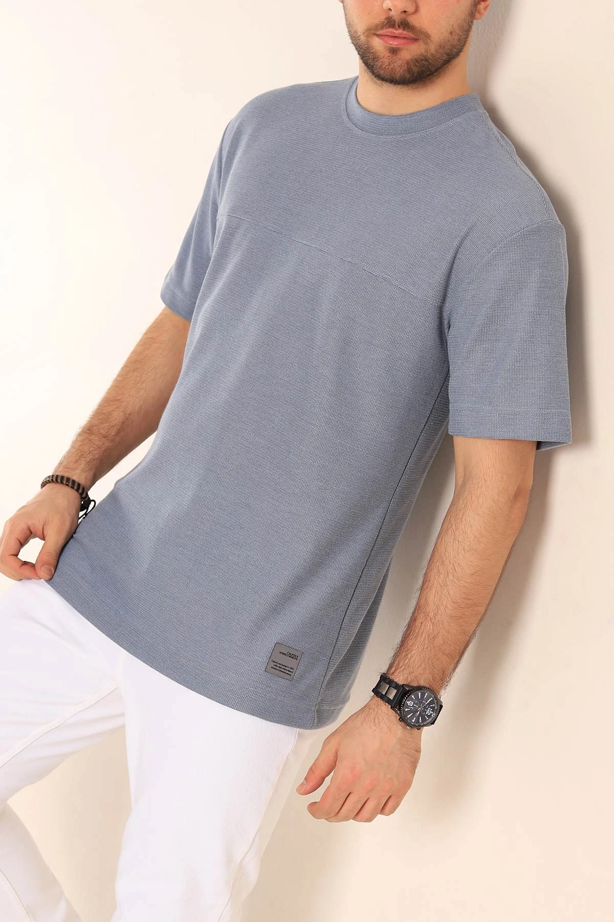 Mavi Oversize Jakarlı Dikiş Detaylı Erkek Tişört 253348