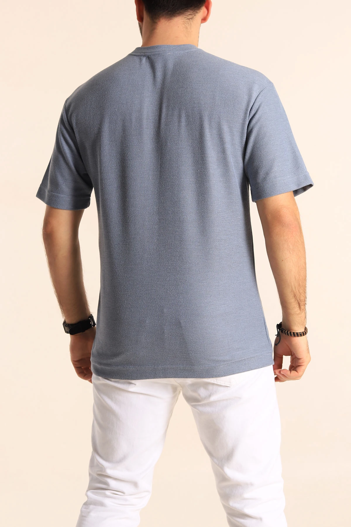 Mavi Oversize Jakarlı Dikiş Detaylı Erkek Tişört 253348