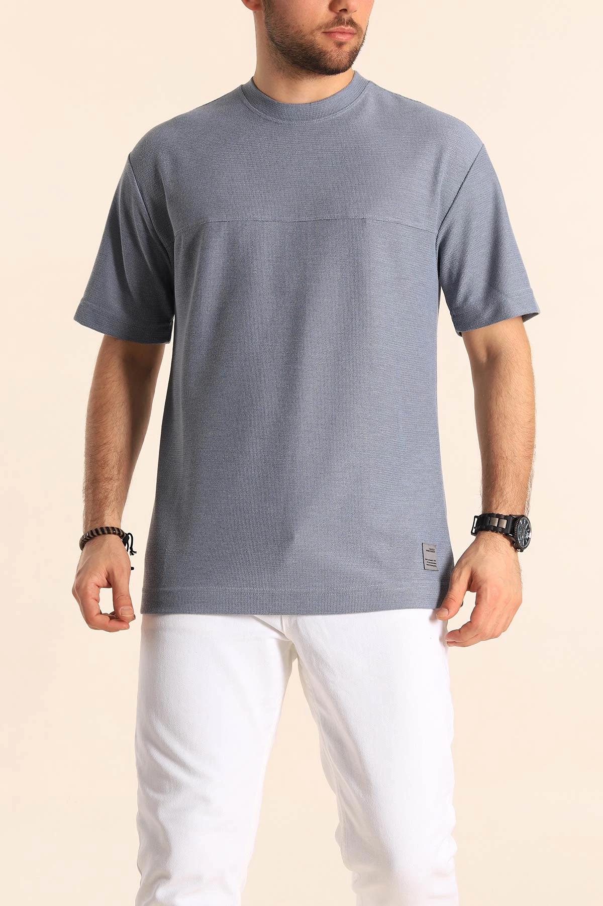 Mavi Oversize Jakarlı Dikiş Detaylı Erkek Tişört 253348