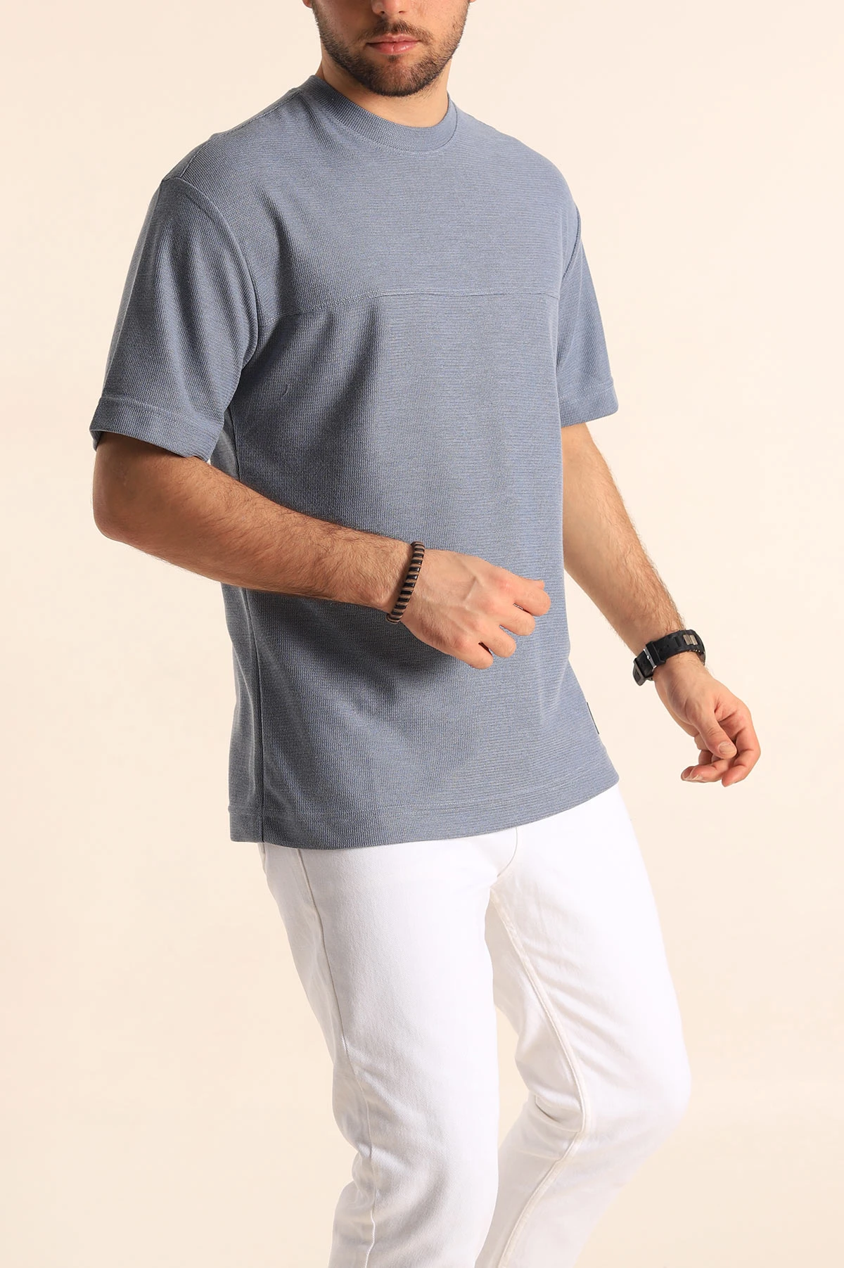 Mavi Oversize Jakarlı Dikiş Detaylı Erkek Tişört 253348