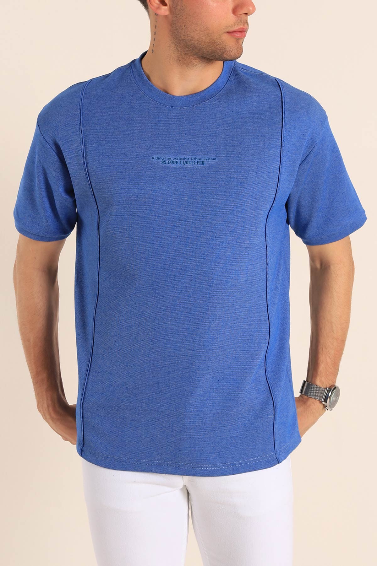 Mavi Oversize Kabartma Yazılı Dikişli Erkek Tişört 181818